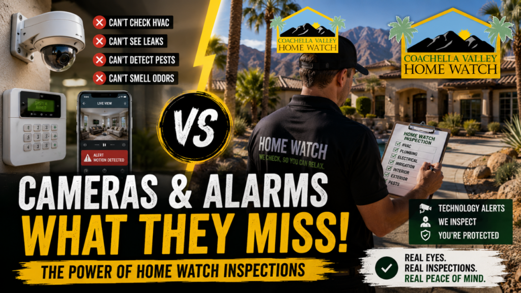 Professional Home Watch inspection at a luxury home in Palm Desert compared with security cameras and alarms